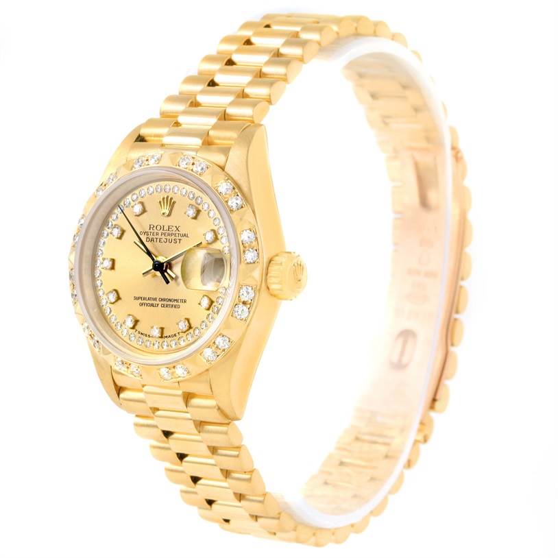 This image shows a Rolex President 69258 Women
s Champagne Dial 69258 Women
s Champagne Dial model watch at a slight angle, highlighting the face, bezel, and bracelet.