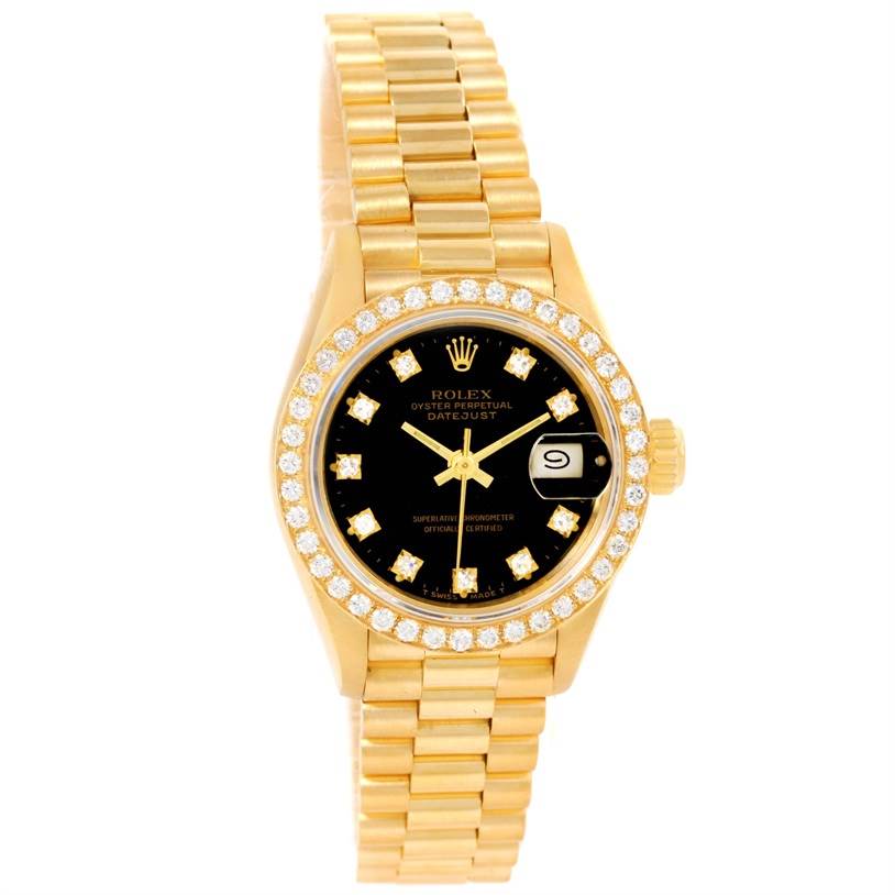This image shows the front view of a Rolex President 69178 Women's Yellow Gold Black Dial 69178 Women's Yellow Gold Black Dial model watch, displaying the face, bezel, crown, and bracelet.