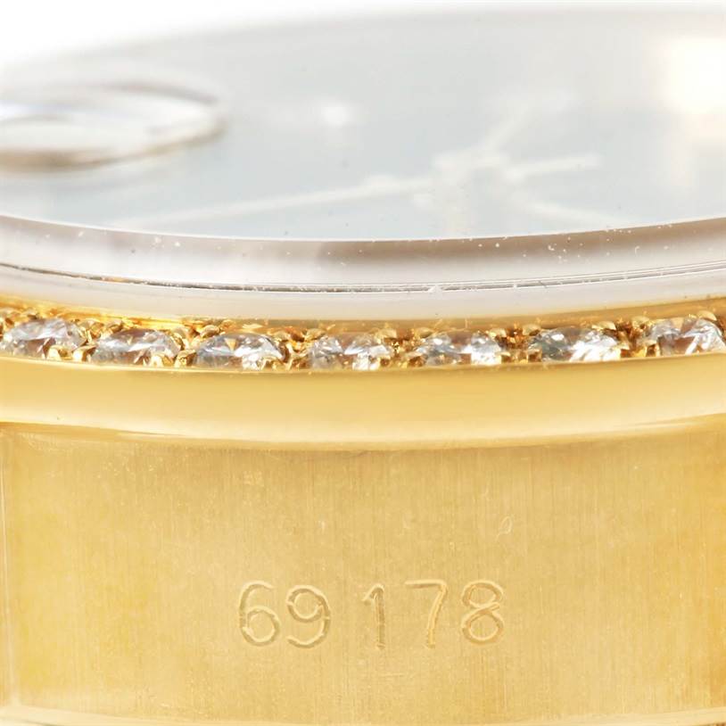 The image shows a close-up of the case, bezel with diamonds, and partially the dial of a Rolex President 69178 Women's Yellow Gold Black Dial 69178 Women's Yellow Gold Black Dial model watch, reference number 69178.