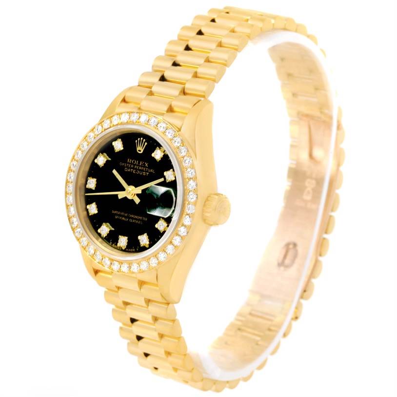 The image shows a Rolex President 69178 Women's Yellow Gold Black Dial 69178 Women's Yellow Gold Black Dial model watch angled to showcase its face, bezel, crown, and bracelet.