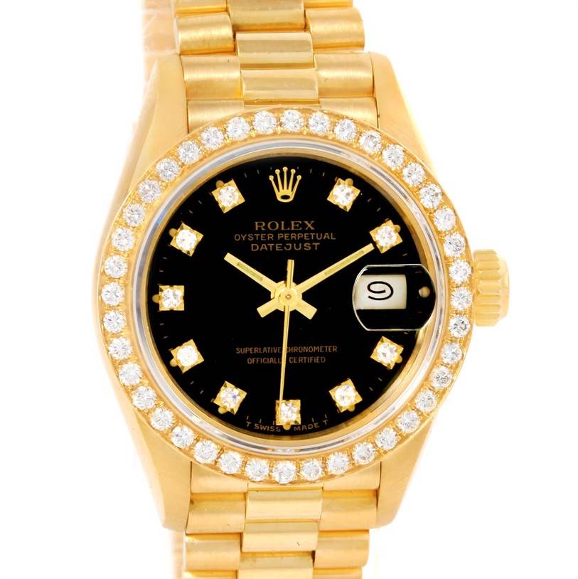The image shows a front view of the Rolex President 69178 Women's Yellow Gold Black Dial 69178 Women's Yellow Gold Black Dial model watch, featuring the bracelet, dial, bezel, and crown.