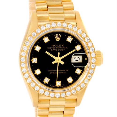 Photo of Rolex President Datejust Ladies Yellow Gold Black Diamond Watch 69178