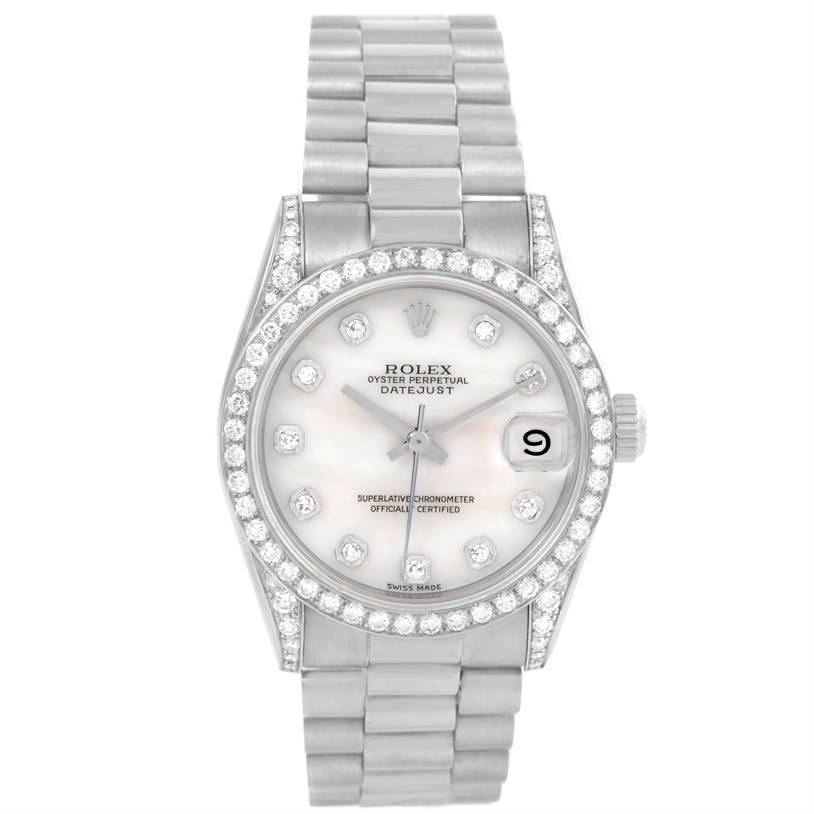 The image shows a front view of a Rolex President 68159 Women's White Gold Mother of Pearl Dial 68159 Women's White Gold Mother of Pearl Dial model watch, highlighting its dial, bezel, and bracelet.