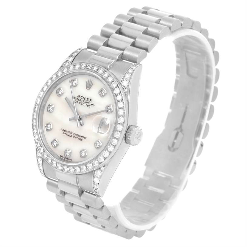 This image shows a Rolex President 68159 Women's White Gold Mother of Pearl Dial 68159 Women's White Gold Mother of Pearl Dial model watch at an angled view, highlighting its dial, bezel, and bracelet.
