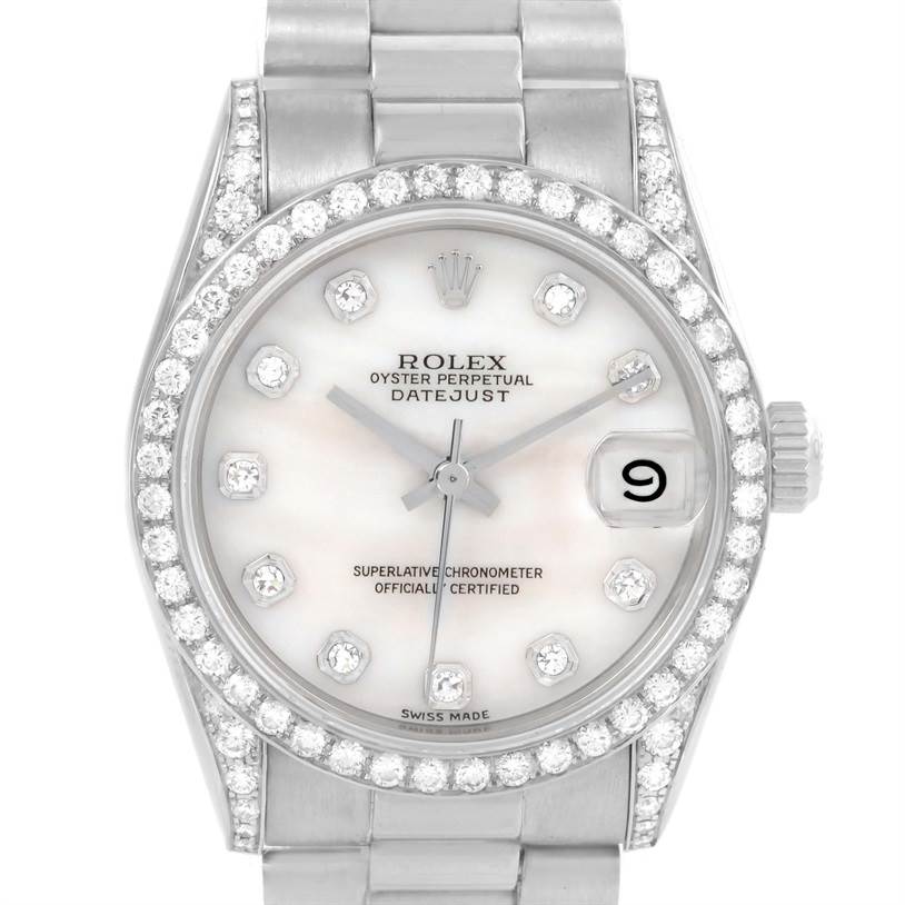 The image shows a front view of the Rolex President 68159 Women's White Gold Mother of Pearl Dial 68159 Women's White Gold Mother of Pearl Dial Datejust watch, displaying its face, bezel, and part of the bracelet.
