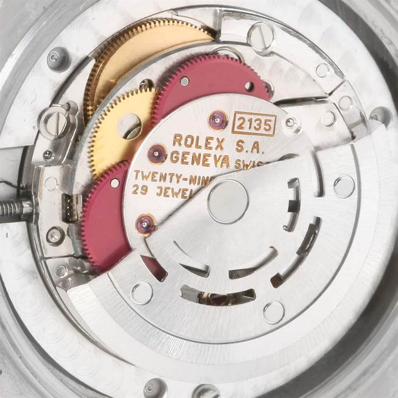 The image shows a close-up view of the movement mechanism inside a Rolex President 68159 Women's White Gold Mother of Pearl Dial 68159 Women's White Gold Mother of Pearl Dial model watch.