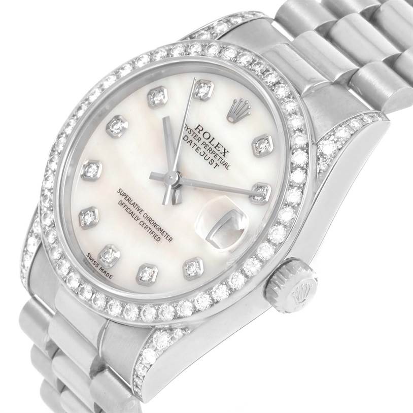 The image shows a close-up angle of the Rolex President 68159 Women's White Gold Mother of Pearl Dial 68159 Women's White Gold Mother of Pearl Dial Datejust watch, highlighting the dial, bezel, and part of the bracelet.