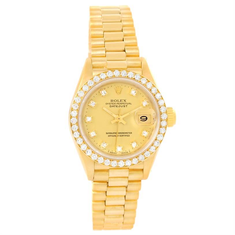 This image shows a front view of the Rolex Oyster Perpetual Datejust President model watch, featuring a gold bracelet and diamond bezel.