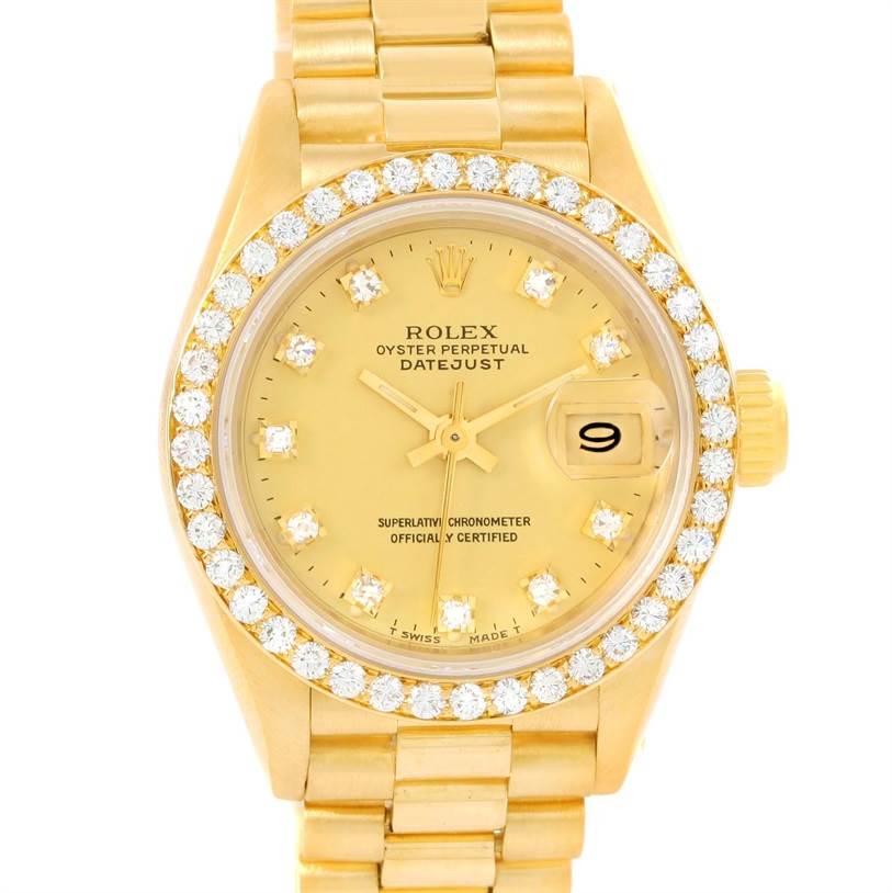 This image shows a front view of a Rolex President 69178 Women's Yellow Gold Champagne Dial 69178 Women's Yellow Gold Champagne Dial model watch, highlighting its gold case, diamond bezel, and bracelet.
