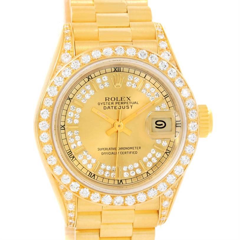 This image shows the face and bracelet of a Rolex President 69188 Women's Yellow Gold Champagne Dial 69188 Women's Yellow Gold Champagne Dial Datejust watch, including the bezel, dial, and crown.