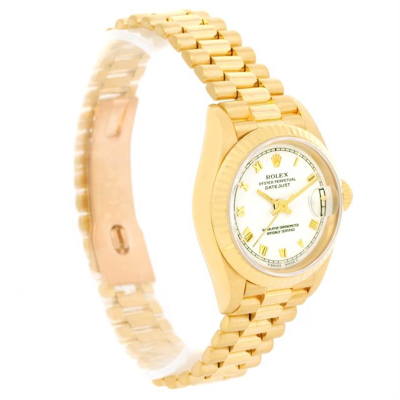 The Rolex President 69178 Women's Yellow Gold White Dial 69178 Women's Yellow Gold White Dial model watch is shown from a side angle, highlighting the bracelet, case, and face with a clear view of the dial.