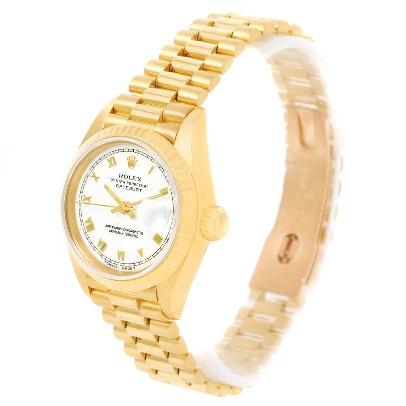The Rolex President 69178 Women's Yellow Gold White Dial 69178 Women's Yellow Gold White Dial model watch is shown at a three-quarter angle, displaying the dial, bezel, and part of the bracelet.