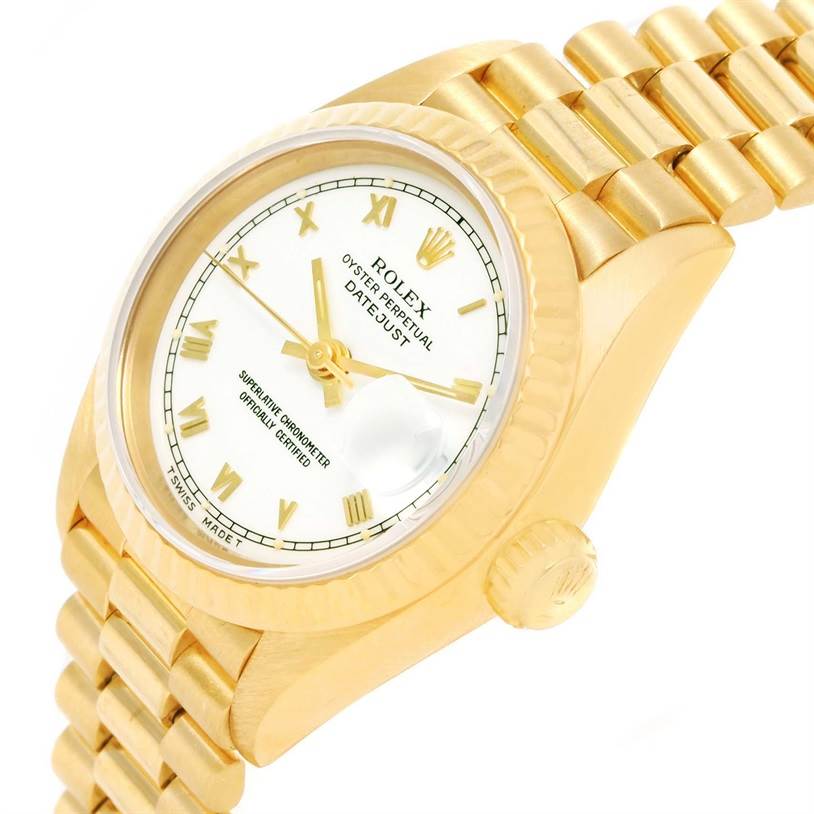 The image shows a close-up angle of a Rolex President 69178 Women's Yellow Gold White Dial 69178 Women's Yellow Gold White Dial model, highlighting the dial, crown, and part of the bracelet.
