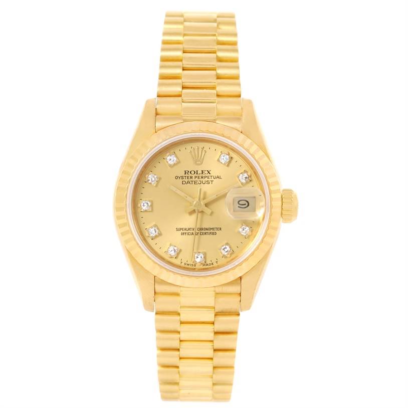 This image shows a Rolex President 69178 Women
s Yellow Gold Champagne Dial 69178 Women
s Yellow Gold Champagne Dial model watch in a frontal view, displaying the dial, bezel, and the President bracelet.