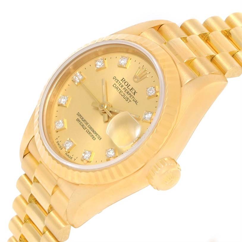 This image shows a close-up of the face, bezel, and bracelet of a Rolex President 69178 Women
s Yellow Gold Champagne Dial 69178 Women
s Yellow Gold Champagne Dial model watch, angled slightly from the front.