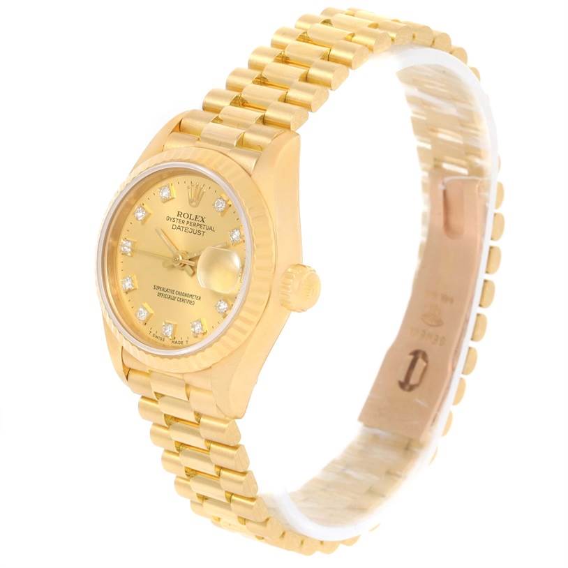 The Rolex President 69178 Women
s Yellow Gold Champagne Dial 69178 Women
s Yellow Gold Champagne Dial model watch is shown at an angled view, highlighting its face, crown, and bracelet.