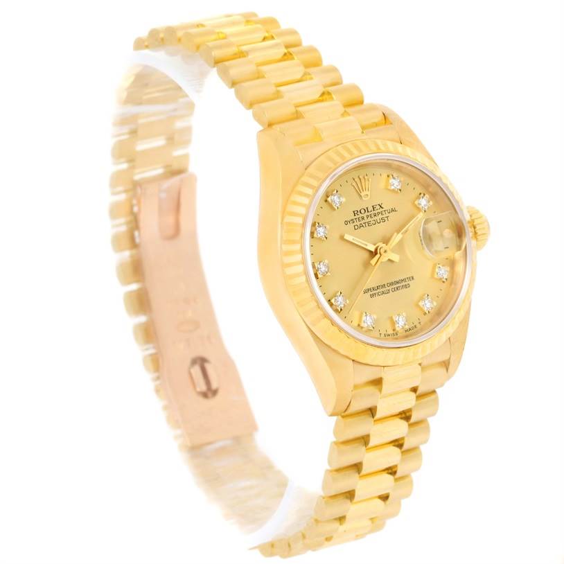The image shows a Rolex President 69178 Women
s Yellow Gold Champagne Dial 69178 Women
s Yellow Gold Champagne Dial model watch at a slight angle, displaying the face, bezel, bracelet, and part of the clasp.