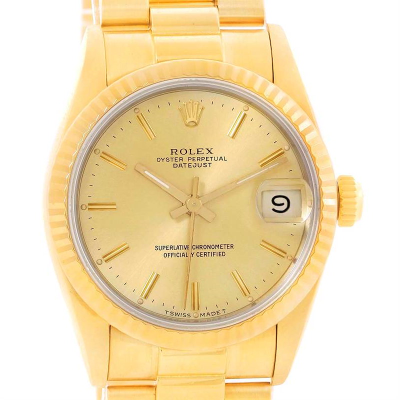 The image shows a front view of a Rolex President Oyster Perpetual Datejust watch, highlighting the dial, bezel, and part of the bracelet.