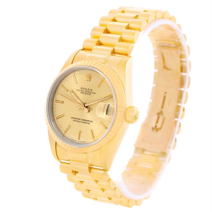 The Rolex President 68278 Women's Yellow Gold Champagne Dial 68278 Women's Yellow Gold Champagne Dial model watch is shown from an angled front view, highlighting its gold bracelet, dial, and iconic date feature.