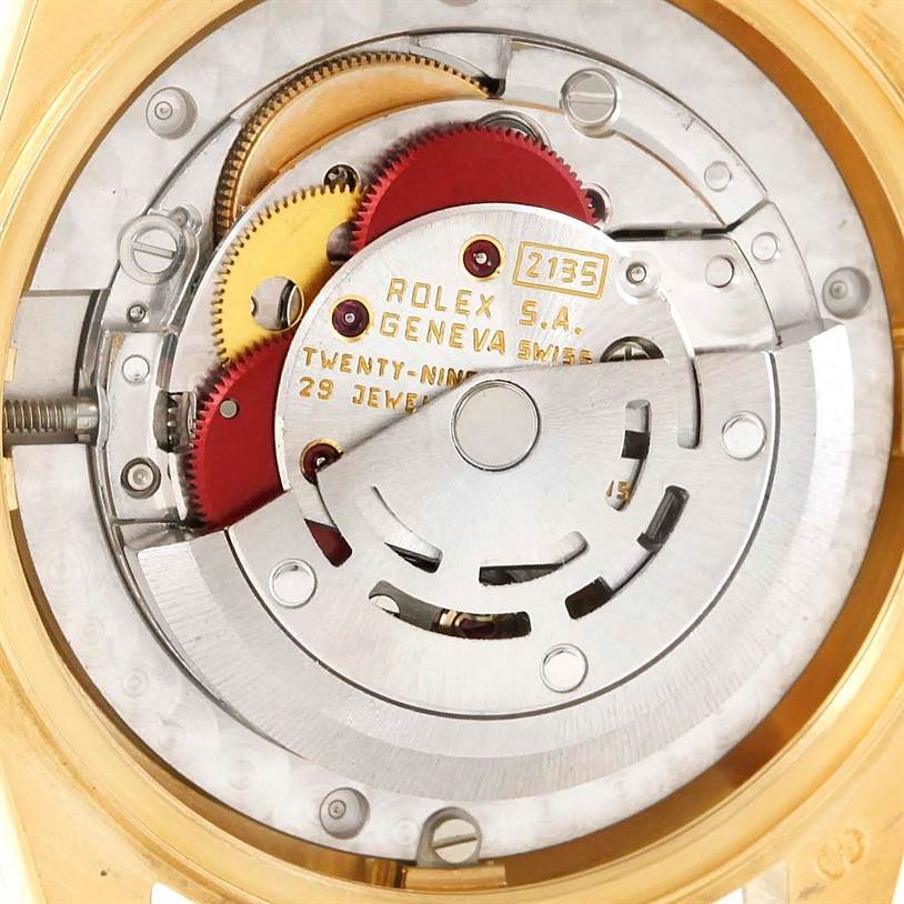 This is an angled close-up of the internal movement mechanism of the Rolex President 68278 Women's Yellow Gold Champagne Dial 68278 Women's Yellow Gold Champagne Dial model watch.