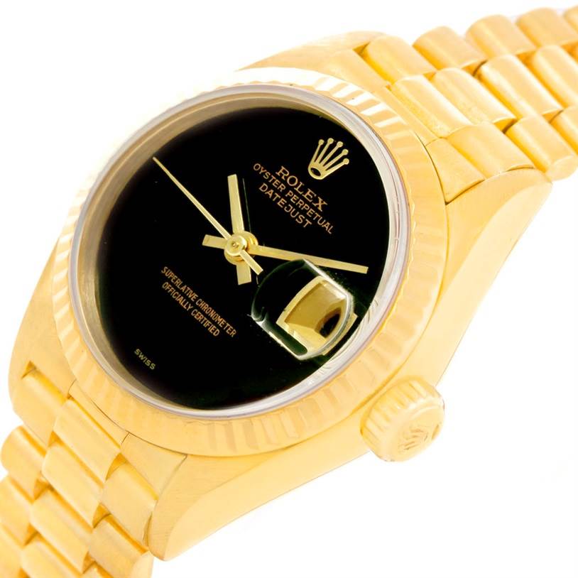 This image shows a Rolex President 69178 Women's Yellow Gold Black Dial 69178 Women's Yellow Gold Black Dial model watch at an angle that highlights the face, bezel, crown, and bracelet.