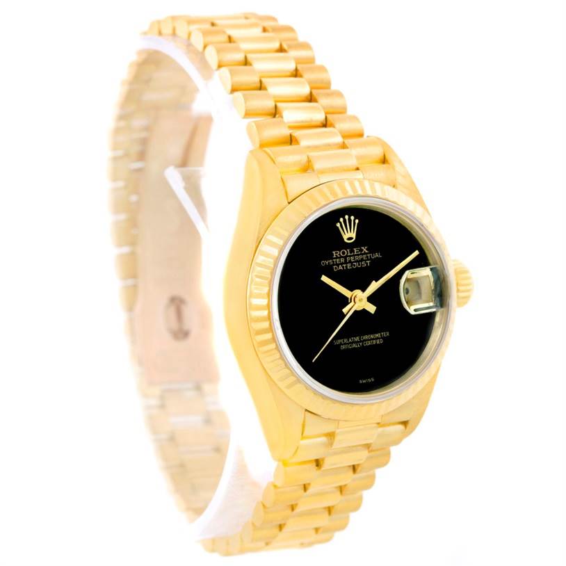 The image showcases a Rolex President 69178 Women's Yellow Gold Black Dial 69178 Women's Yellow Gold Black Dial Datejust watch from a slight angle, highlighting its black dial, gold bracelet, and case.