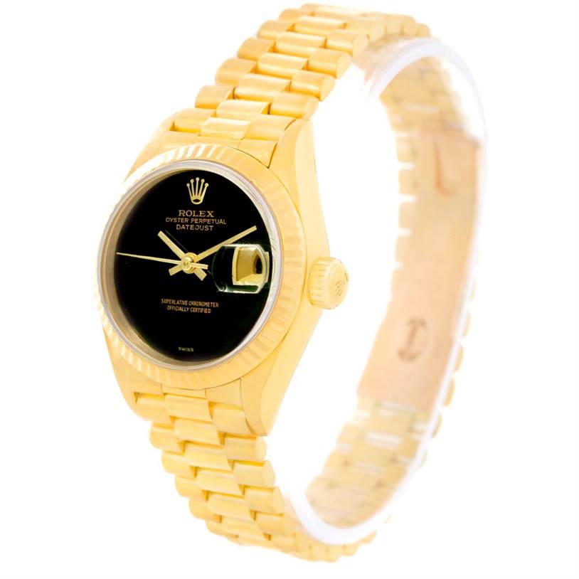 The Rolex President 69178 Women's Yellow Gold Black Dial 69178 Women's Yellow Gold Black Dial model watch is shown at an angled front view, displaying its gold case, black dial, date window, and linked bracelet.