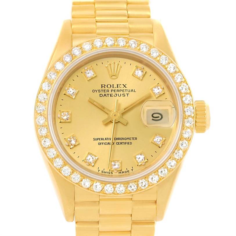 This image shows the front view of a Rolex President 69168 Women's Yellow Gold Champagne Dial 69168 Women's Yellow Gold Champagne Dial model watch, showcasing its dial, bezel, and bracelet.