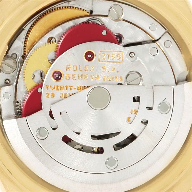 This image shows the internal mechanical movement of a Rolex President 69178 Women
s Yellow Gold Champagne Dial 69178 Women
s Yellow Gold Champagne Dial model watch, viewed from the back.