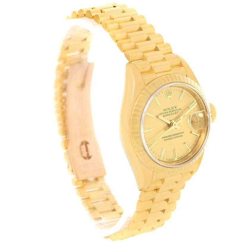 This image shows a side angle view of the Rolex President 69178 Women
s Yellow Gold Champagne Dial 69178 Women
s Yellow Gold Champagne Dial model watch, highlighting the gold case, dial, and bracelet.