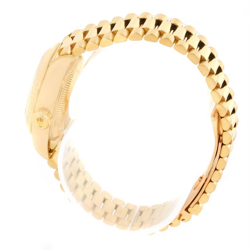 This image shows the side profile and bracelet of a Rolex President 69178 Women
s Yellow Gold Champagne Dial 69178 Women
s Yellow Gold Champagne Dial model watch.