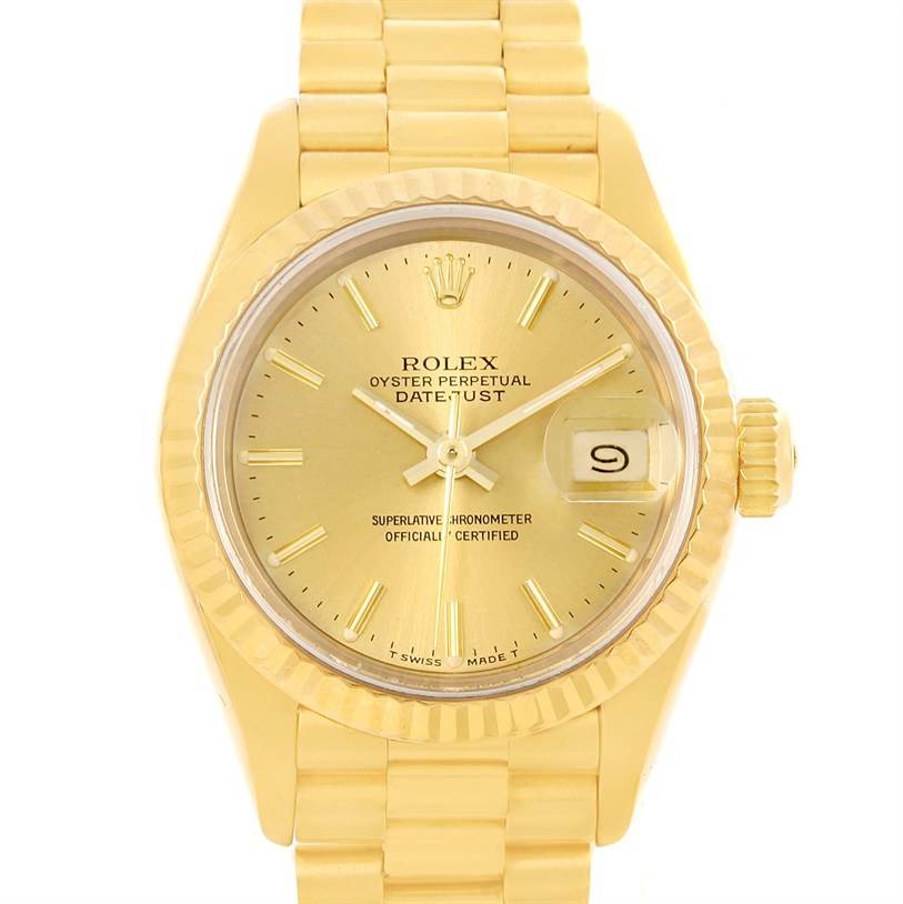 The image shows a front view of a Rolex President 69178 Women
s Yellow Gold Champagne Dial 69178 Women
s Yellow Gold Champagne Dial model watch, highlighting the dial, bezel, bracelet, and date window.