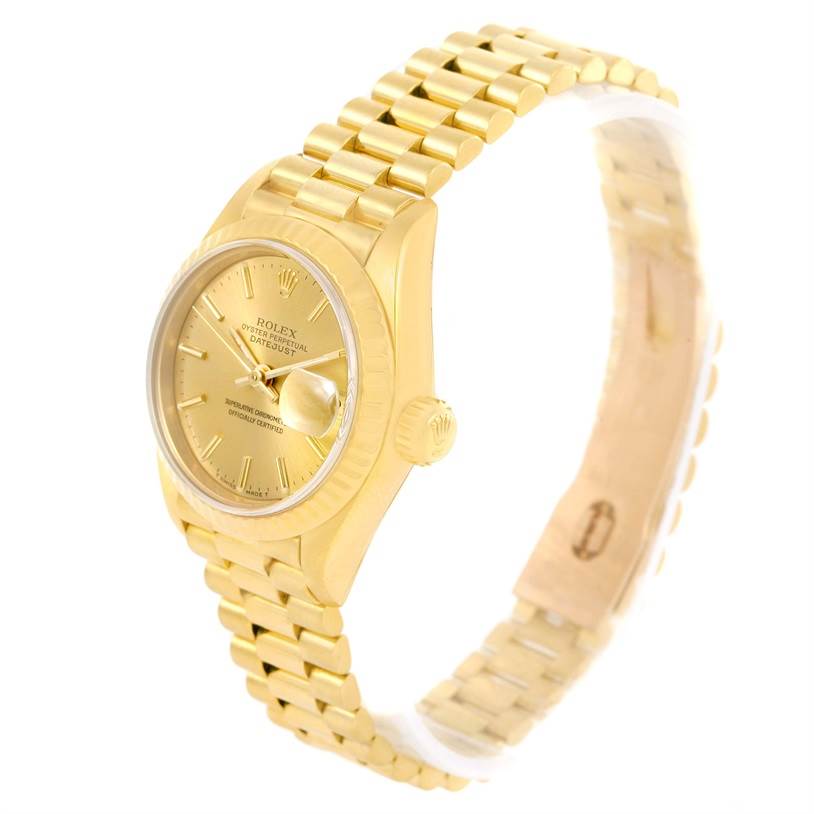 This image shows a Rolex President 69178 Women
s Yellow Gold Champagne Dial 69178 Women
s Yellow Gold Champagne Dial model watch at a three-quarter angle, highlighting the dial, case, crown, and bracelet.