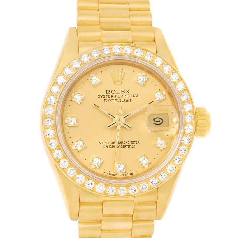 This image shows a front view of a Rolex President 69178 Women's Yellow Gold Champagne Dial 69178 Women's Yellow Gold Champagne Dial Datejust watch, highlighting its gold case, diamond-studded bezel, and bracelet.
