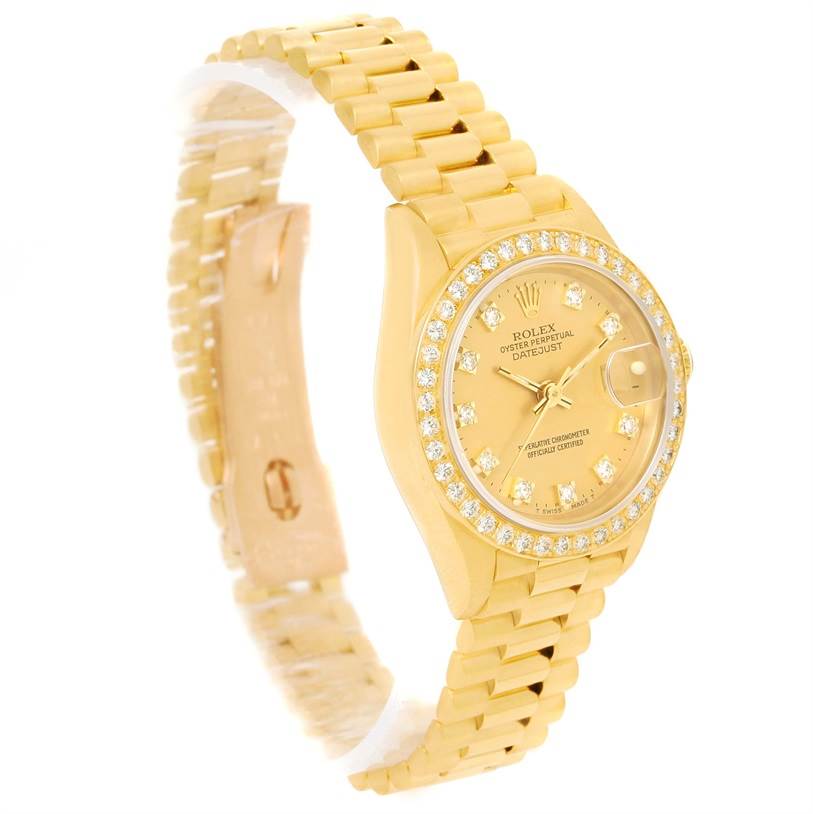 The image shows a Rolex President 69178 Women's Yellow Gold Champagne Dial 69178 Women's Yellow Gold Champagne Dial model watch angled from the side, displaying the dial, bezel, and bracelet.