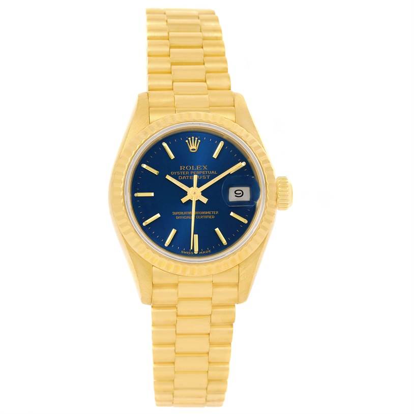 The image shows a front view of the Rolex President 69178 Women's Yellow Gold Blue Dial 69178 Women's Yellow Gold Blue Dial model watch, featuring its blue dial, gold case, and bracelet.