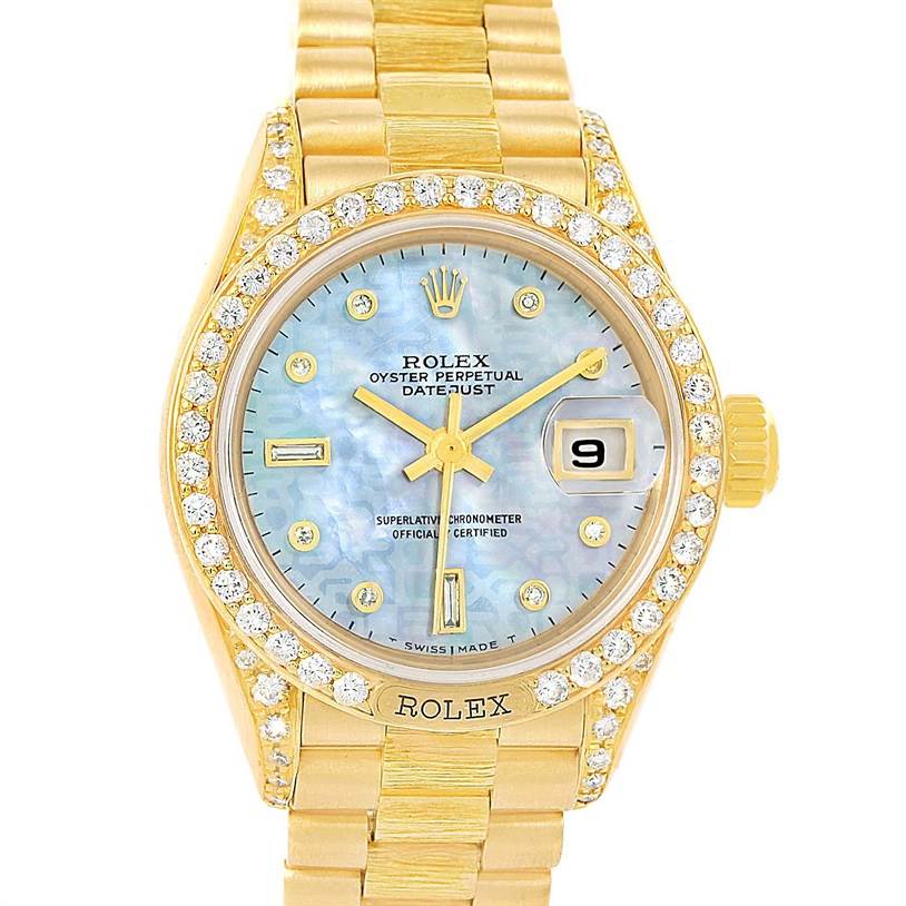 This is a frontal view of the Rolex President 69158 Women's Yellow Gold Mother of Pearl Dial 69158 Women's Yellow Gold Mother of Pearl Dial model, showing the dial, hands, bezel, and part of the bracelet.