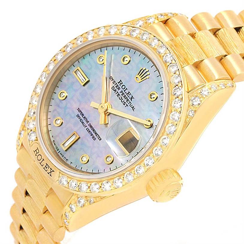This image shows a close-up view of a Rolex President 69158 Women's Yellow Gold Mother of Pearl Dial 69158 Women's Yellow Gold Mother of Pearl Dial model watch, highlighting its face, bezel, and part of the bracelet.