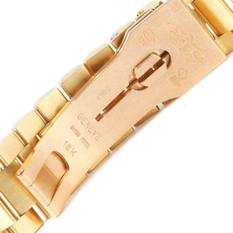 This image shows the clasp of the Rolex President 68258 Women's Yellow Gold Blue Dial 68258 Women's Yellow Gold Blue Dial model watch, featuring the brand engraving and gold details.