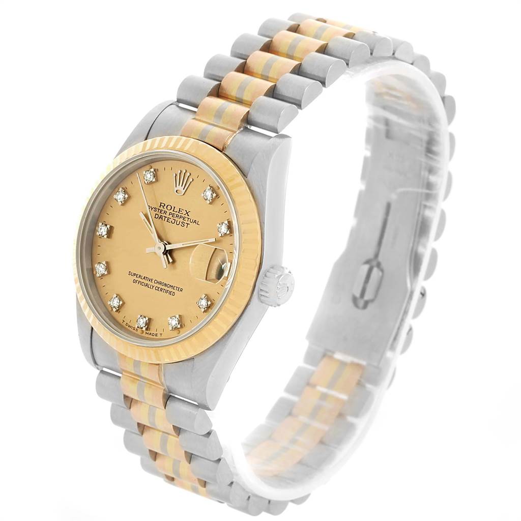 The image shows a Rolex President 68279B Women's White Gold Brown Dial 68279B Women's White Gold Brown Dial model watch from a three-quarter angle, displaying the dial, bezel, crown, and part of the bracelet.