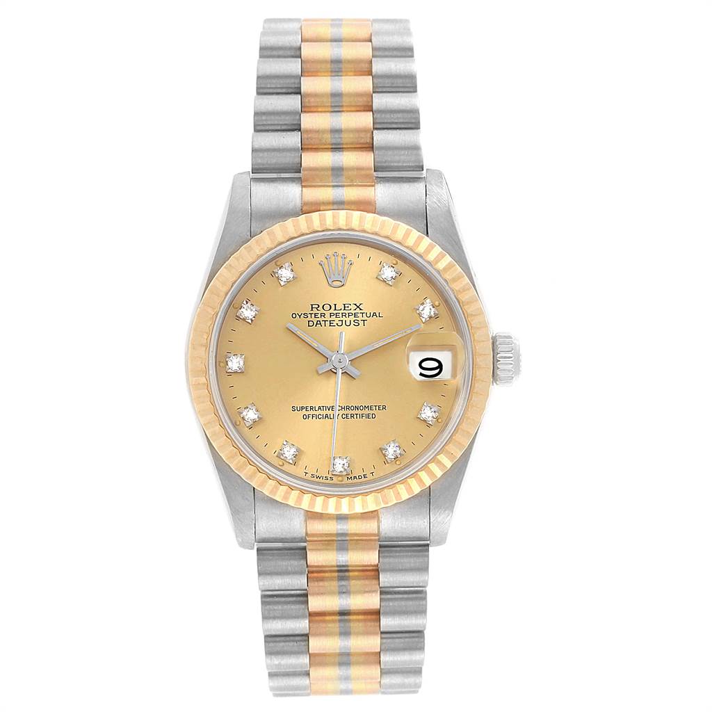 The Rolex President 68279B Women's White Gold Brown Dial 68279B Women's White Gold Brown Dial model watch is shown from the front, displaying its face, bezel, and bracelet.