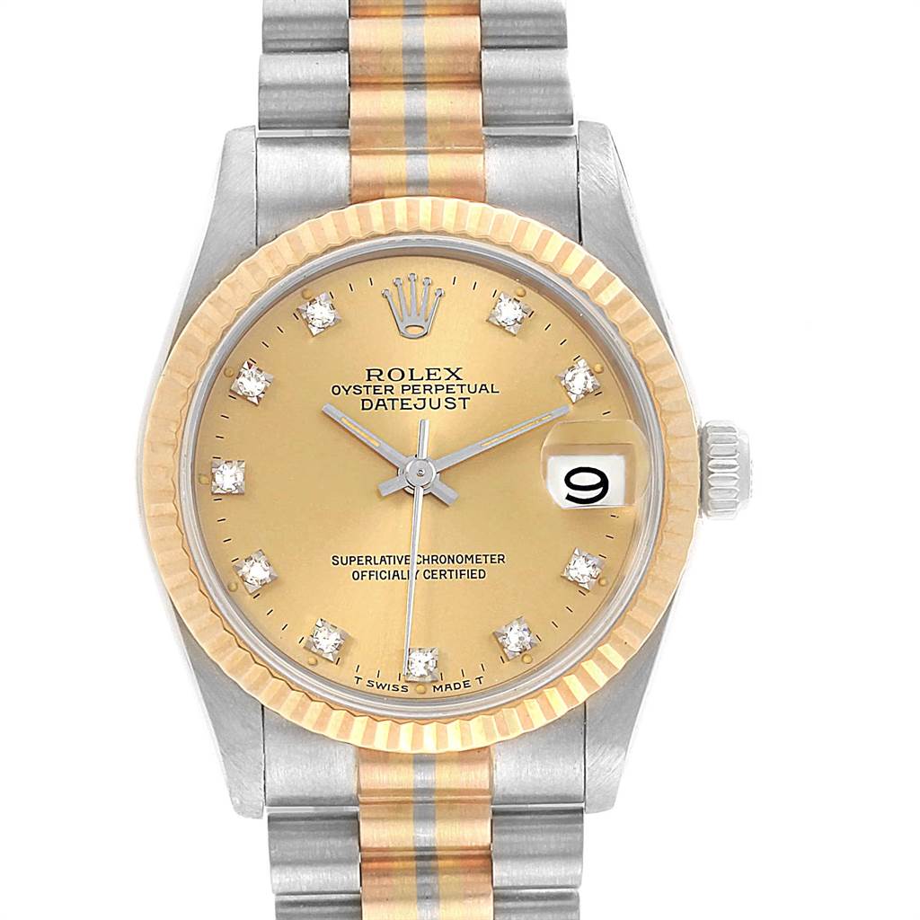 The image shows a front view of the Rolex President 68279B Women's White Gold Brown Dial 68279B Women's White Gold Brown Dial model watch, highlighting the dial, bracelet, bezel, and date window.