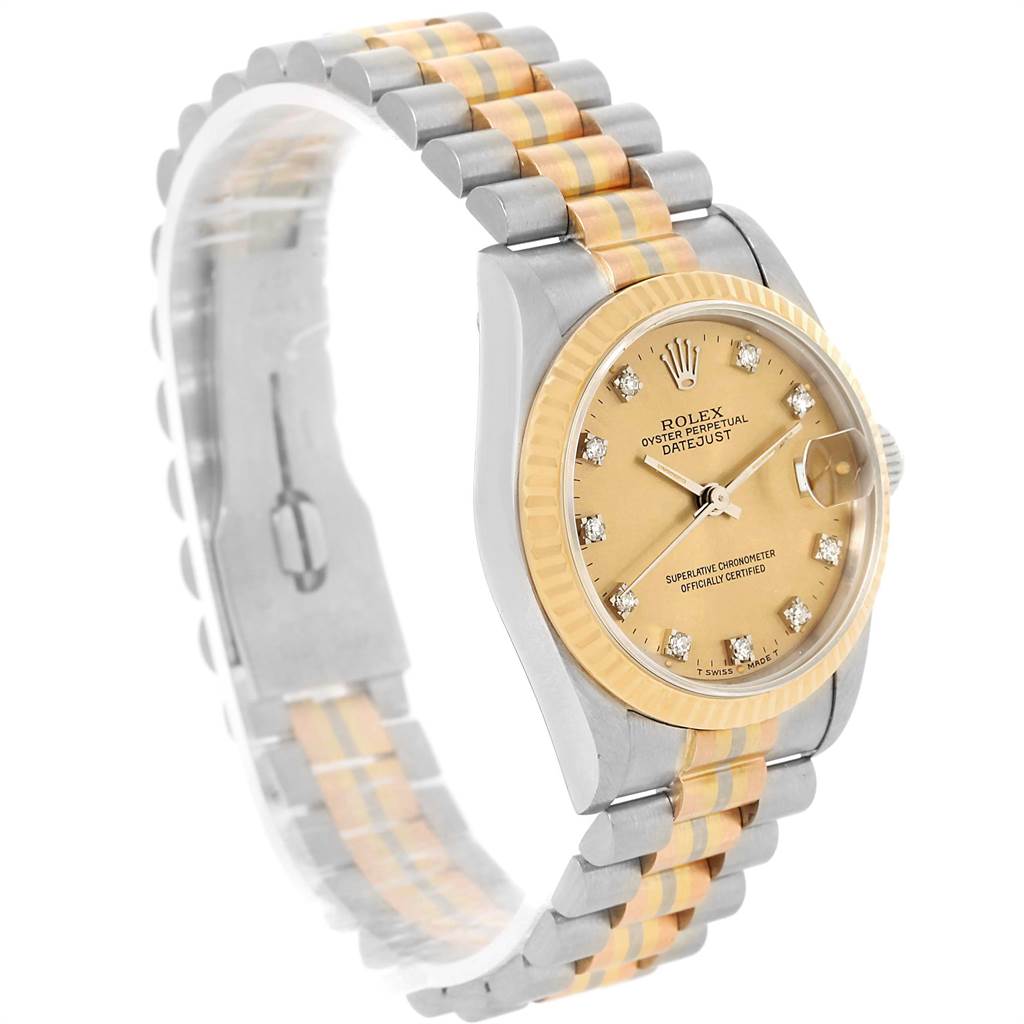 The image shows a side view of the Rolex President 68279B Women's White Gold Brown Dial 68279B Women's White Gold Brown Dial model watch, featuring the face, bezel, and two-tone bracelet.