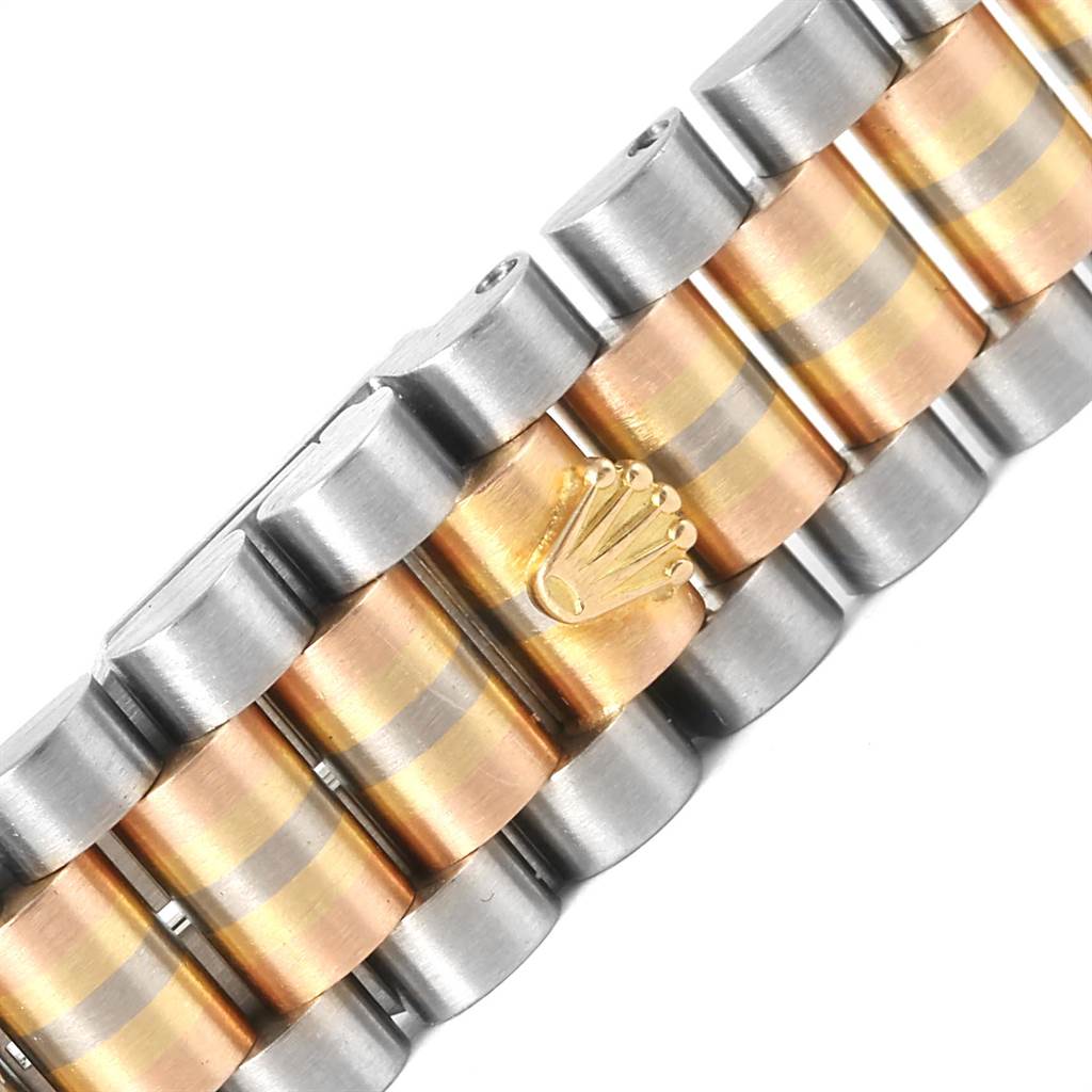 This image shows a close-up of the bracelet links from a Rolex President 68279B Women's White Gold Brown Dial 68279B Women's White Gold Brown Dial model watch.