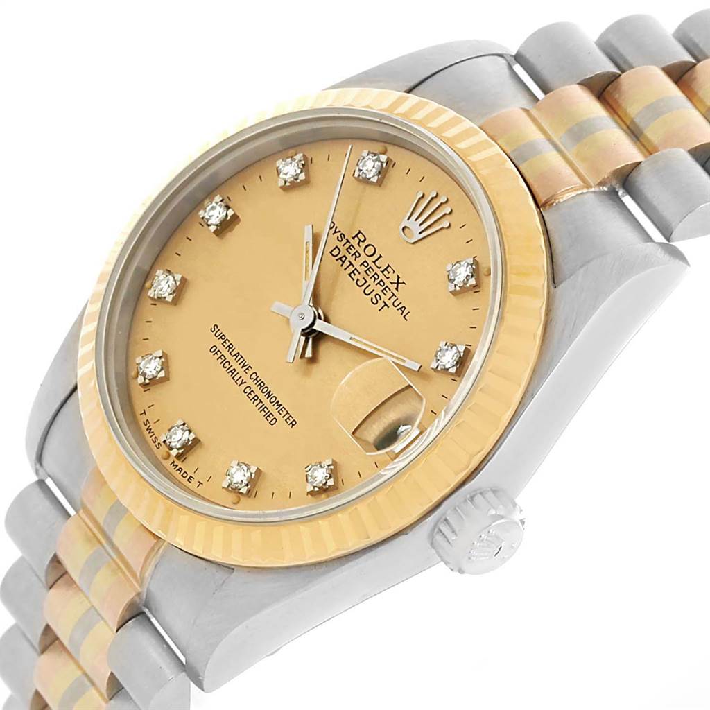 The Rolex President 68279B Women's White Gold Brown Dial 68279B Women's White Gold Brown Dial model watch is shown at an angled view, highlighting its gold dial, diamond markers, bezel, and two-tone bracelet.