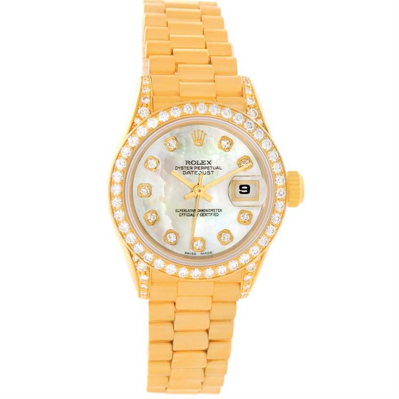 The Rolex President 69158 Women's Yellow Gold Mother of Pearl Dial 69158 Women's Yellow Gold Mother of Pearl Dial model watch is shown from the front, displaying its dial, bezel, and band.