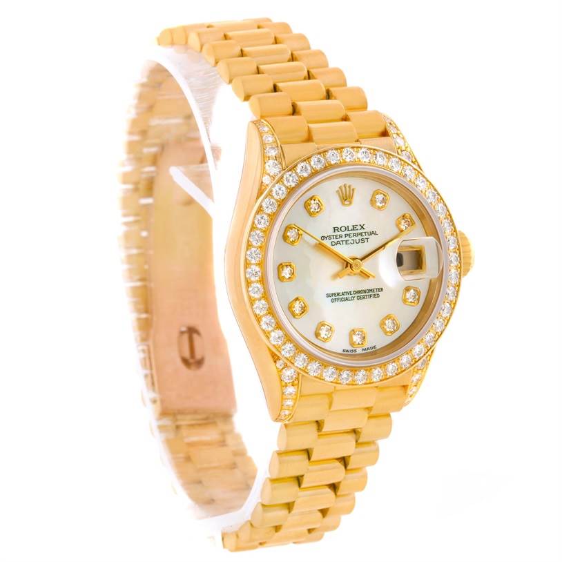 This image shows a Rolex President 69158 Women's Yellow Gold Mother of Pearl Dial 69158 Women's Yellow Gold Mother of Pearl Dial model watch angled to display its face, bezel, and bracelet.