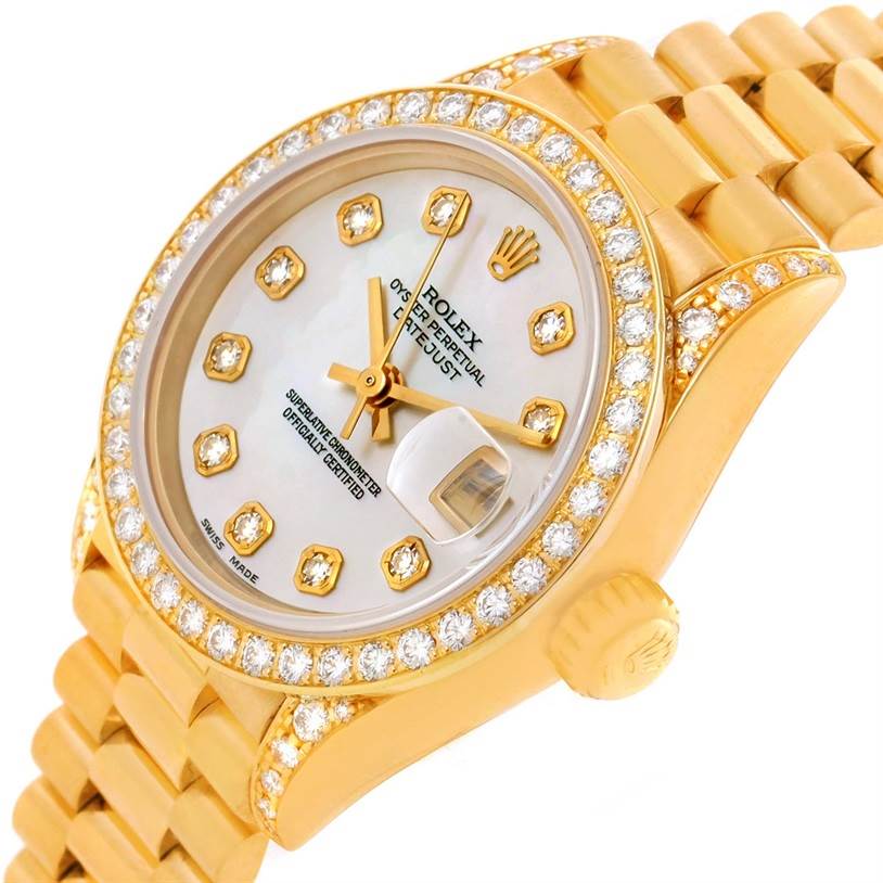 The Rolex President 69158 Women's Yellow Gold Mother of Pearl Dial 69158 Women's Yellow Gold Mother of Pearl Dial watch is shown at a three-quarter angle, highlighting its case, dial, bezel, and bracelet.