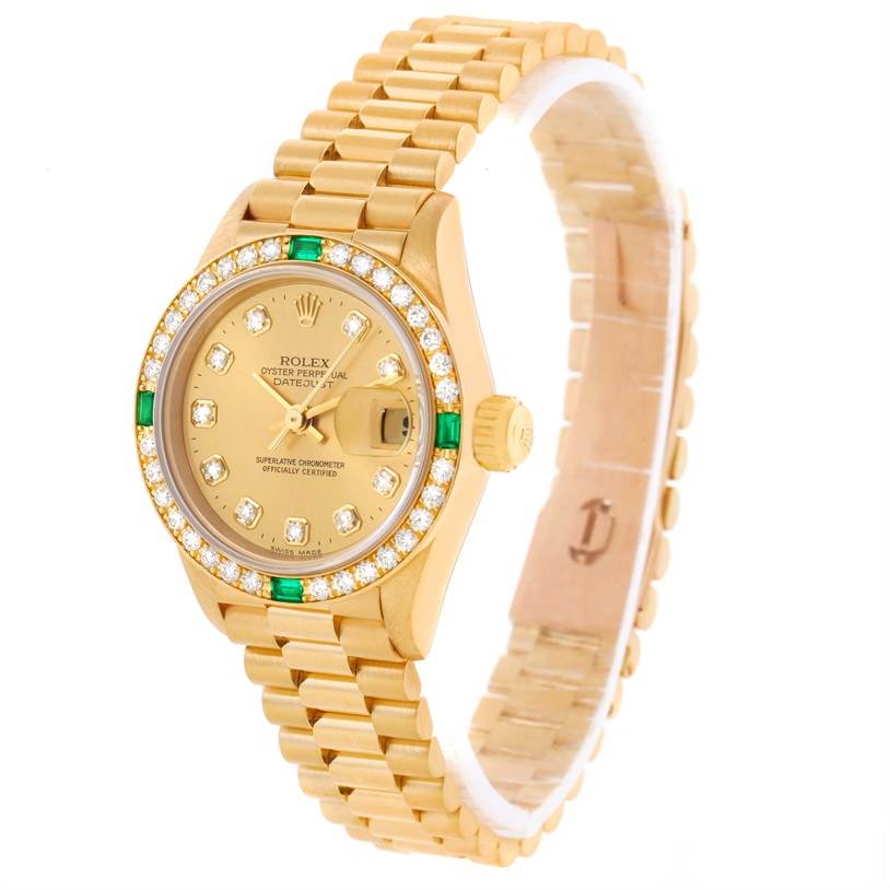 The Rolex President 69078 Women's Yellow Gold Champagne Dial 69078 Women's Yellow Gold Champagne Dial model watch is shown at an angled view, featuring the dial, bracelet, and bejeweled bezel.