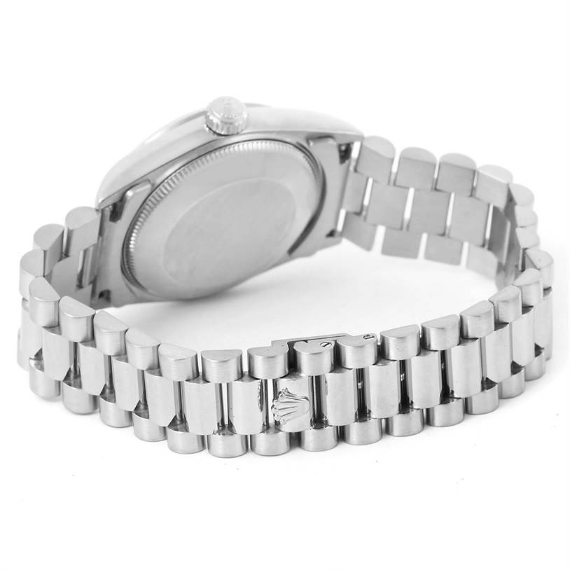 This image shows the back and bracelet of a Rolex President 68279 Women's White Gold Silver Dial 68279 Women's White Gold Silver Dial model watch, highlighting the clasp and case back.